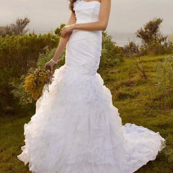 David's Bridal White Organza Fit and Flare Gown Vertical Ruffle - Picture 1 of 5